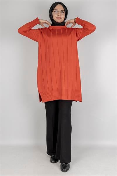 Çizgi Detaylı Merserize Tunik Oranj OTW1007