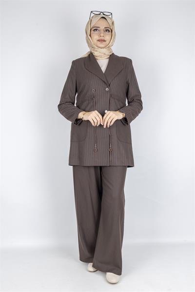 Çizgili Blazer Tesettür Takım Kahve OTW3370