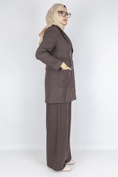 Çizgili Blazer Tesettür Takım Kahve OTW3370