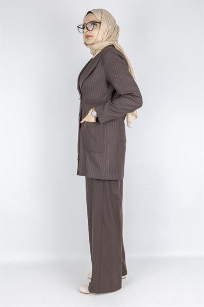 Çizgili Blazer Tesettür Takım Kahve OTW3370