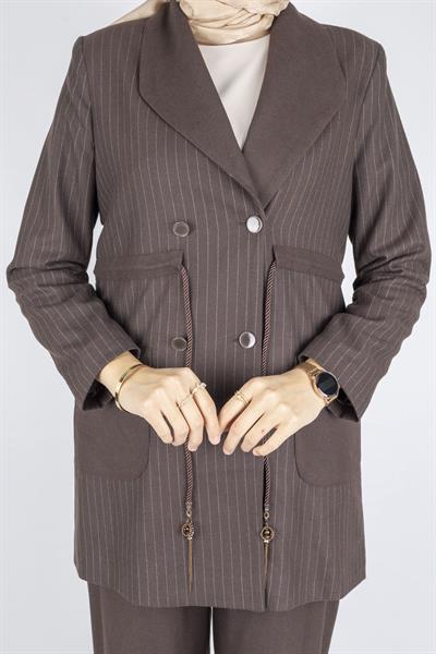 Çizgili Blazer Tesettür Takım Kahve OTW3370