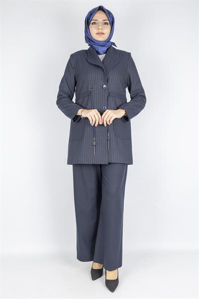 Çizgili Blazer Tesettür Takım Lacivert OTW3370