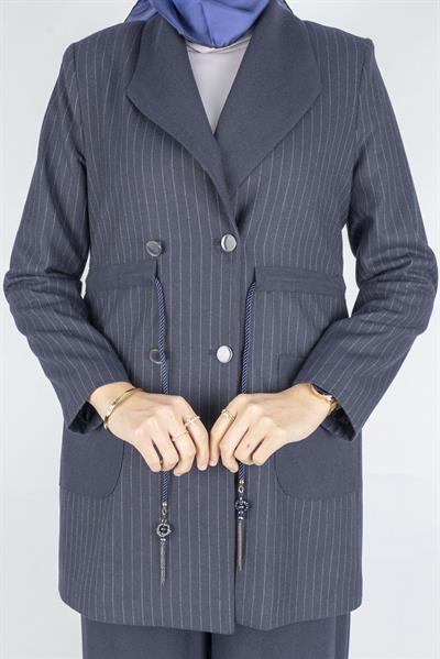 Çizgili Blazer Tesettür Takım Lacivert OTW3370