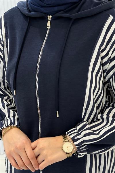 Çizgili Garnili Kapüşonlu Spor Takım Lacivert OTW70081