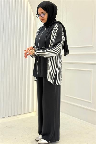 Çizgili Garnili Kapüşonlu Spor Takım Siyah OTW70081
