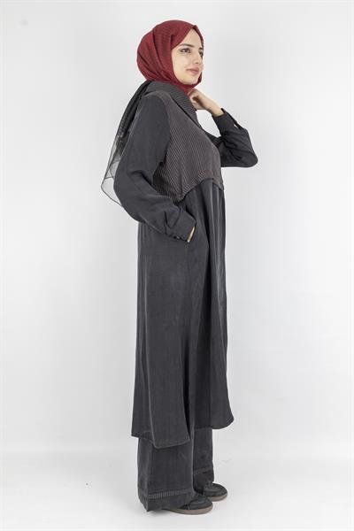 Çizgili Yaka Detaylı Pantolonlu Takım Siyah OTW6000