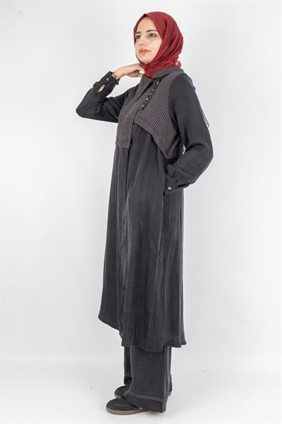 Çizgili Yaka Detaylı Pantolonlu Takım Siyah OTW6000