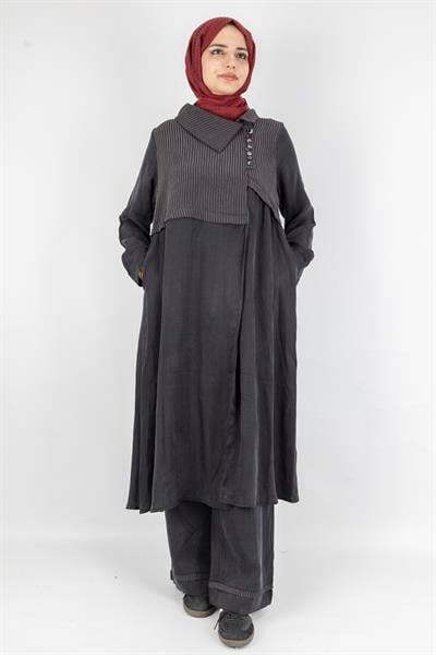 Çizgili Yaka Detaylı Pantolonlu Takım Siyah OTW6000