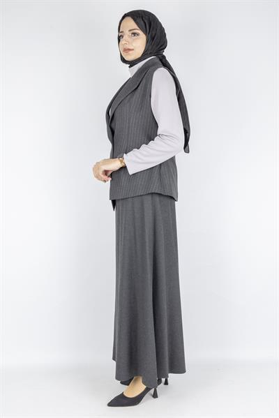 Çizgili Yelekli Üçlü Tesettür Takım Füme OTW2690