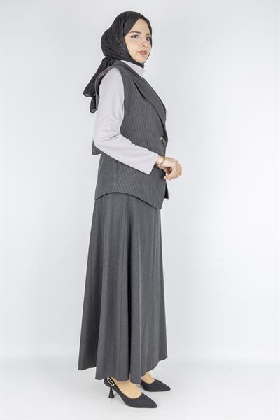 Çizgili Yelekli Üçlü Tesettür Takım Füme OTW2690