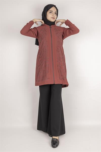 Çizgisel Taş Desenli krep kumaş ceket Taba OTW2160