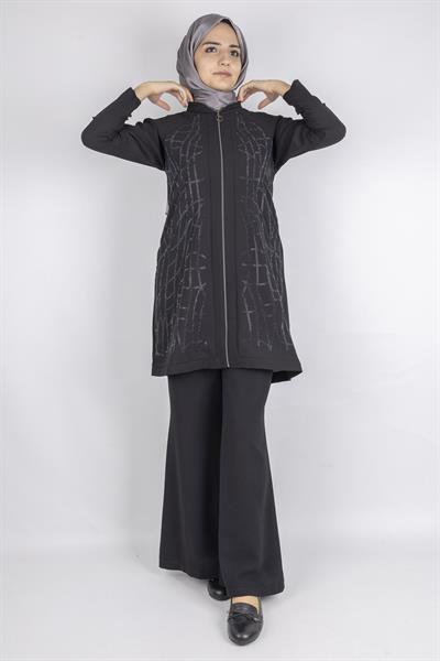 Çizgisel Taş Desenli krep kumaş ceket Siyah OTW2160