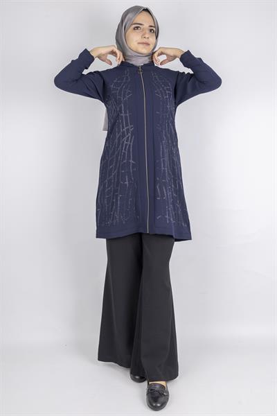 Çizgisel Taş Desenli krep kumaş ceket Lacivert OTW2160
