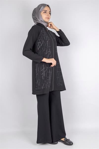 Çizgisel Taş Desenli krep kumaş ceket Siyah OTW2160