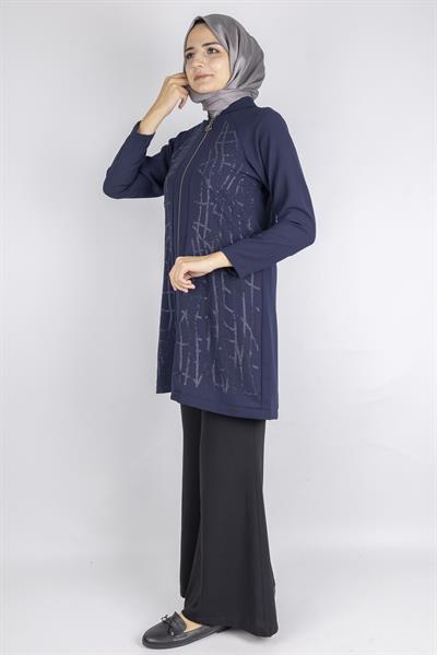 Çizgisel Taş Desenli krep kumaş ceket Lacivert OTW2160