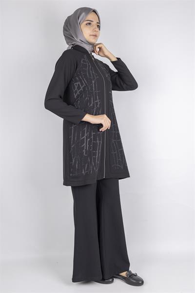 Çizgisel Taş Desenli krep kumaş ceket Siyah OTW2160
