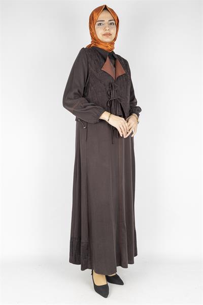 Cupra İpek Karışımlı Büyük Beden Yelekli Takım Kahve OTW5792