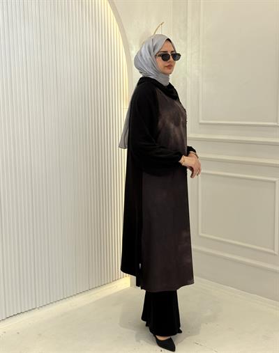 Daire Desenli Büyük Beden Tesettür Tunik Kahve OTW1032