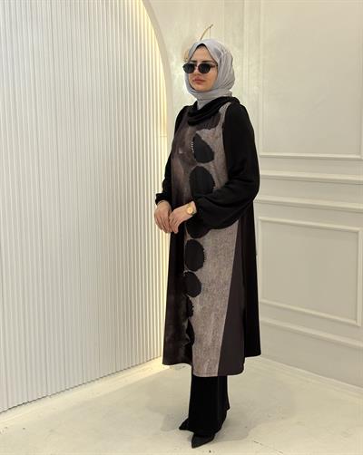 Daire Desenli Büyük Beden Tesettür Tunik Kahve OTW1032