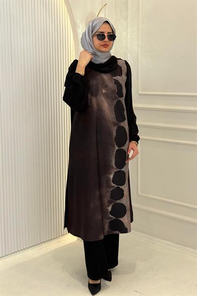 Daire Desenli Büyük Beden Tesettür Tunik Kahve OTW1032