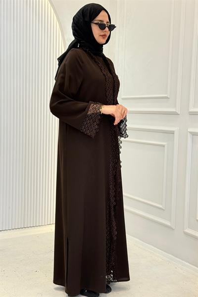 Dantel Detaylı Abaya Takım Kahve OTW8635