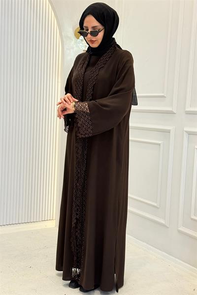 Dantel Detaylı Abaya Takım Kahve OTW8635