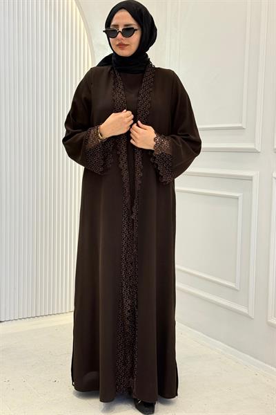 Dantel Detaylı Abaya Takım Kahve OTW8635