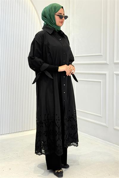 Dantel Detaylı Büyük Beden Tesettür Gömlek Elbise Siyah OTW9666