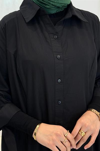 Dantel Detaylı Büyük Beden Tesettür Gömlek Elbise Siyah OTW9666