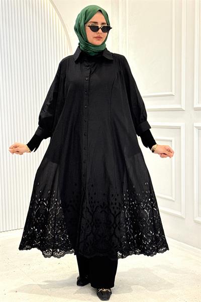 Dantel Detaylı Büyük Beden Tesettür Gömlek Elbise Siyah OTW9666