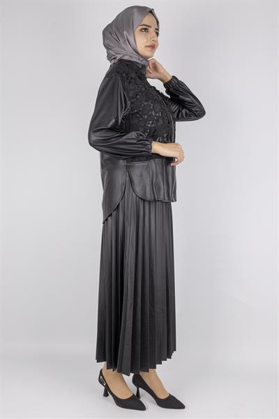 Dantel Detaylı Deri Etekli Takım Siyah OTW25518