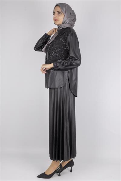 Dantel Detaylı Deri Etekli Takım Siyah OTW25518
