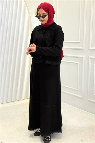 Dantel Detaylı Gömlek Yaka Büyük Beden Etekli Takım Siyah OTW331