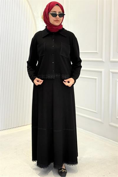 Dantel Detaylı Gömlek Yaka Büyük Beden Etekli Takım Siyah OTW331