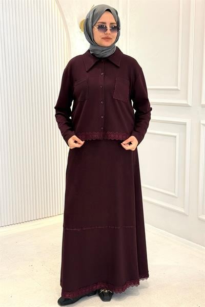 Dantel Detaylı Gömlek Yaka Büyük Beden Etekli Takım Bordo OTW331