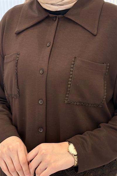 Dantel Detaylı Gömlek Yaka Büyük Beden Etekli Takım Kahve OTW331