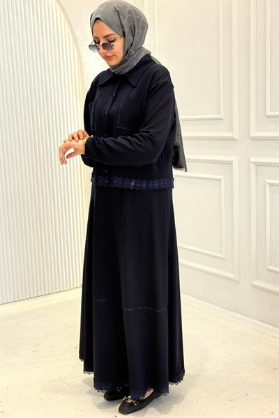 Dantel Detaylı Gömlek Yaka Büyük Beden Etekli Takım Lacivert OTW331