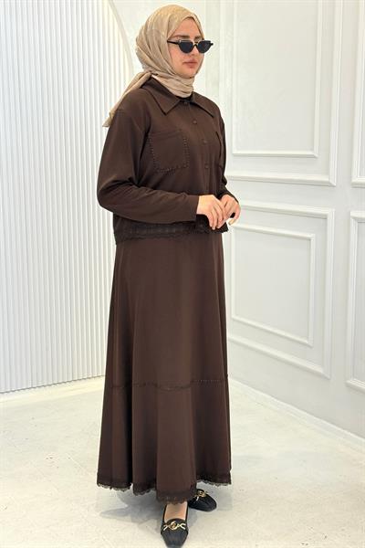 Dantel Detaylı Gömlek Yaka Büyük Beden Etekli Takım Kahve OTW331