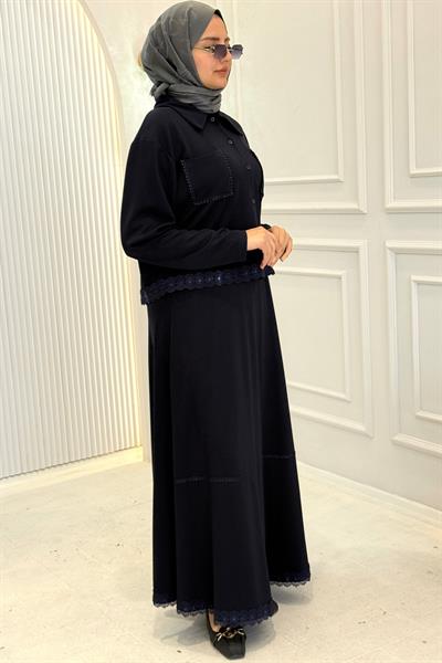 Dantel Detaylı Gömlek Yaka Büyük Beden Etekli Takım Lacivert OTW331