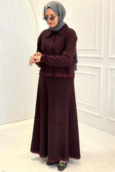 Dantel Detaylı Gömlek Yaka Büyük Beden Etekli Takım Bordo OTW331