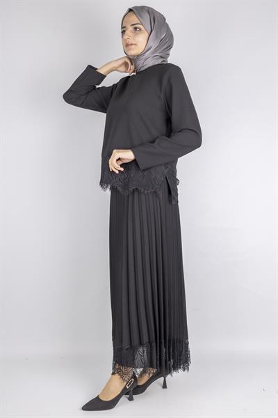 Dantel Detaylı  Krep Bluz Siyah OTW152