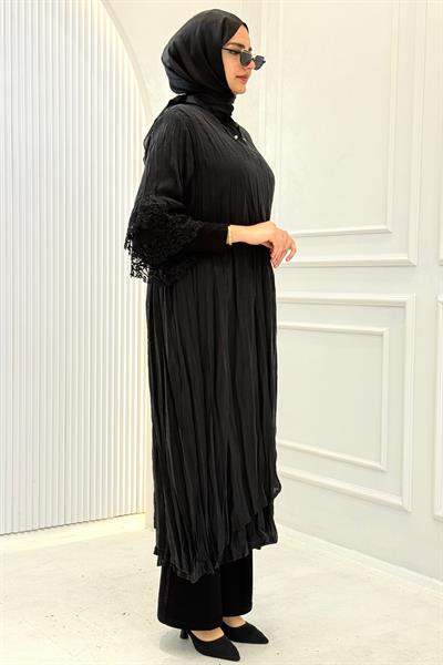 Dantel Kol Detaylı Büyük Beden Tesettür Elbise Siyah OTW4040