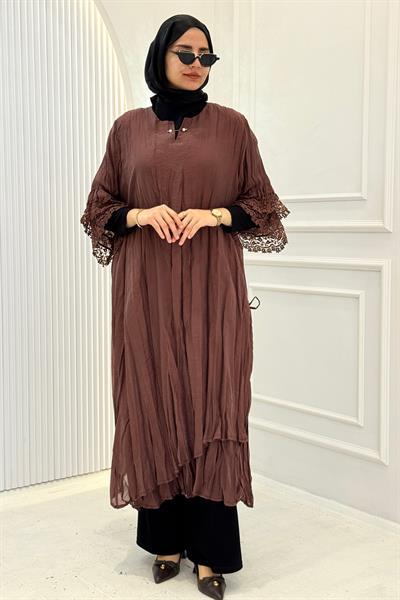 Dantel Kol Detaylı Büyük Beden Tesettür Elbise Kahve OTW4040