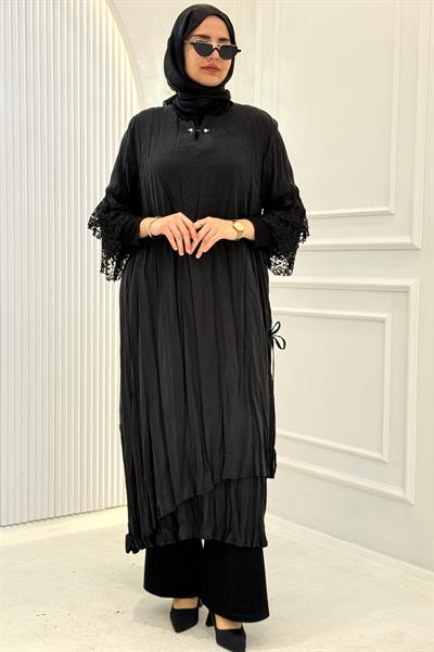 Dantel Kol Detaylı Büyük Beden Tesettür Elbise Siyah OTW4040