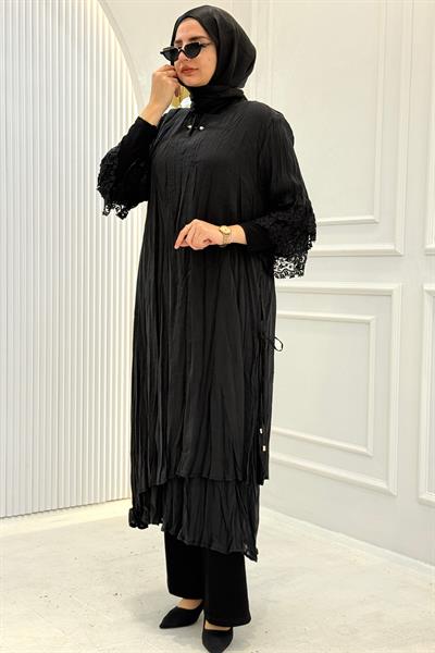 Dantel Kol Detaylı Büyük Beden Tesettür Elbise Siyah OTW4040