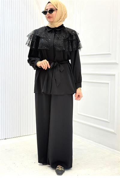 Dantel Payet Detaylı Kemerli Tesettür Takım Siyah OTW8627