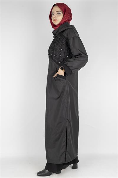 Dantel ve Taş Detaylı Kapüşonlu Spor Ferace Siyah OTW50801