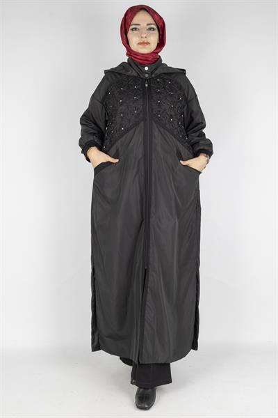 Dantel ve Taş Detaylı Kapüşonlu Spor Ferace Siyah OTW50801