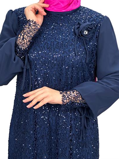 Dantelli Büyük Beden Abiye Elbise Lacivert OTW2517