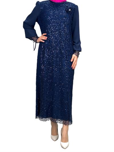 Dantelli Büyük Beden Abiye Elbise Lacivert OTW2517